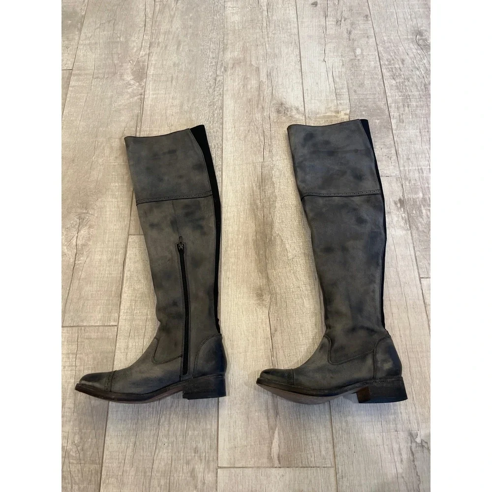 Free People Grey Leather Over The Knee Boots Cap Toe Distressed EU 37 US‎ 7